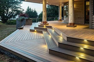 Deck-Stairs-Design-Angled-Steps-TimberTech-PRO-Legacy-Tigerwood-Riser-Lights-columns